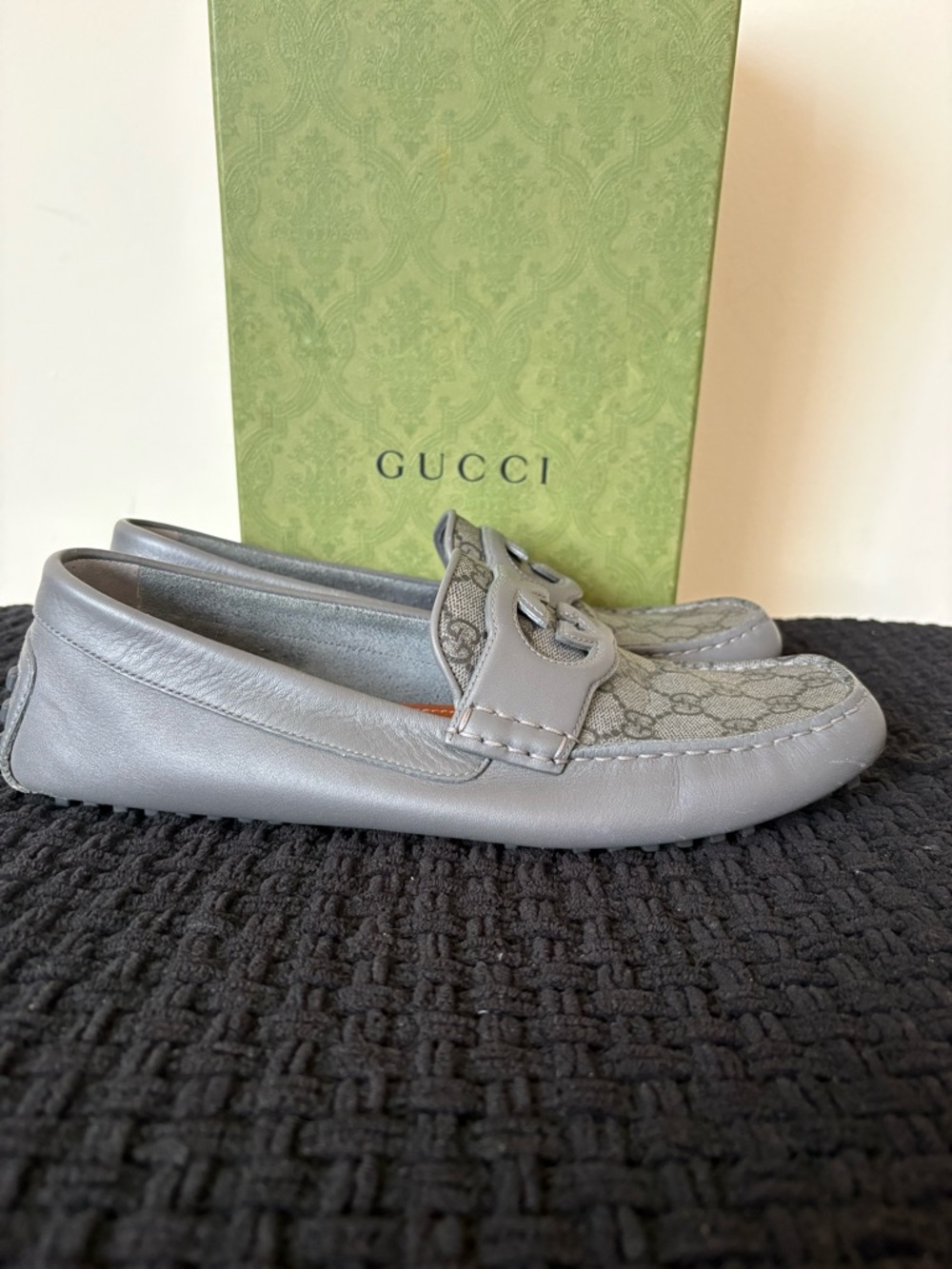 Gucci Gray GG Canvas Leather Trim Loafers - Picture 2 of 4